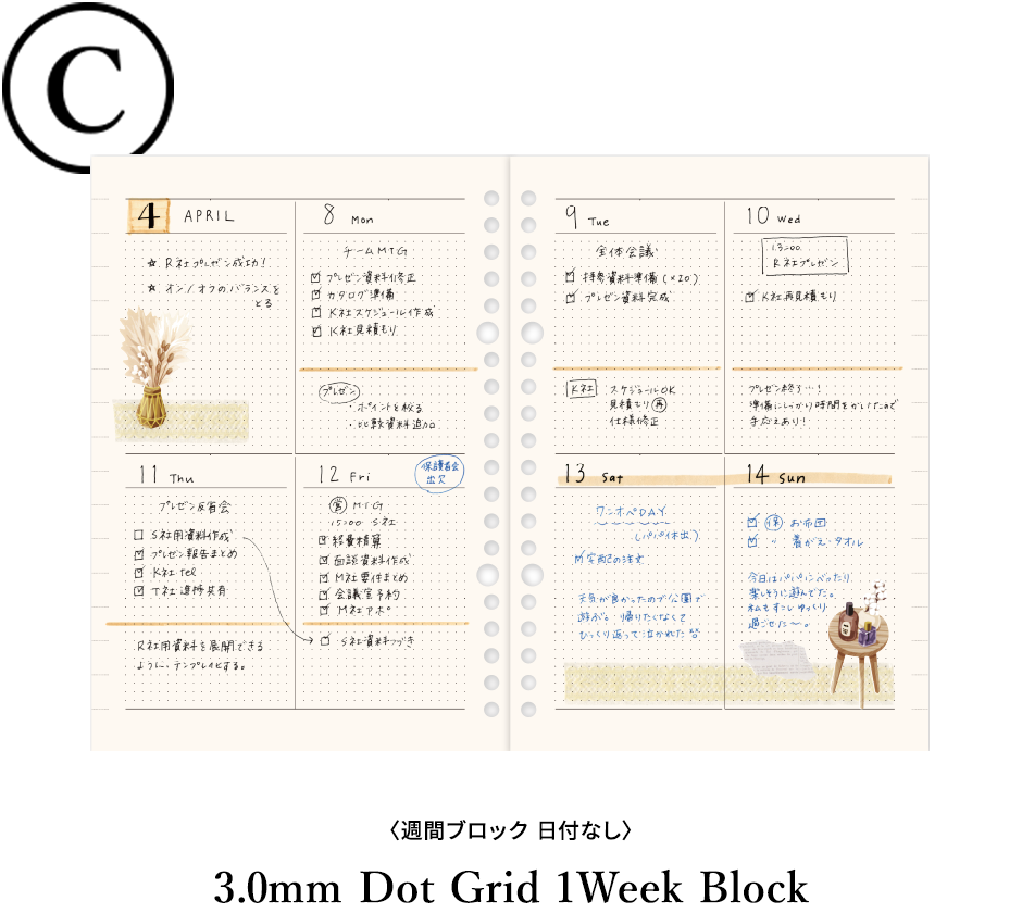C 週間ブロック 日付なし 3.0mm Dot Grid 1Week Block